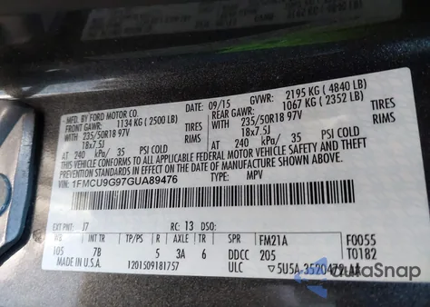 2016 Ford Escape Se из США, поврежденный, VIN 1FMCU9G97GUA89476